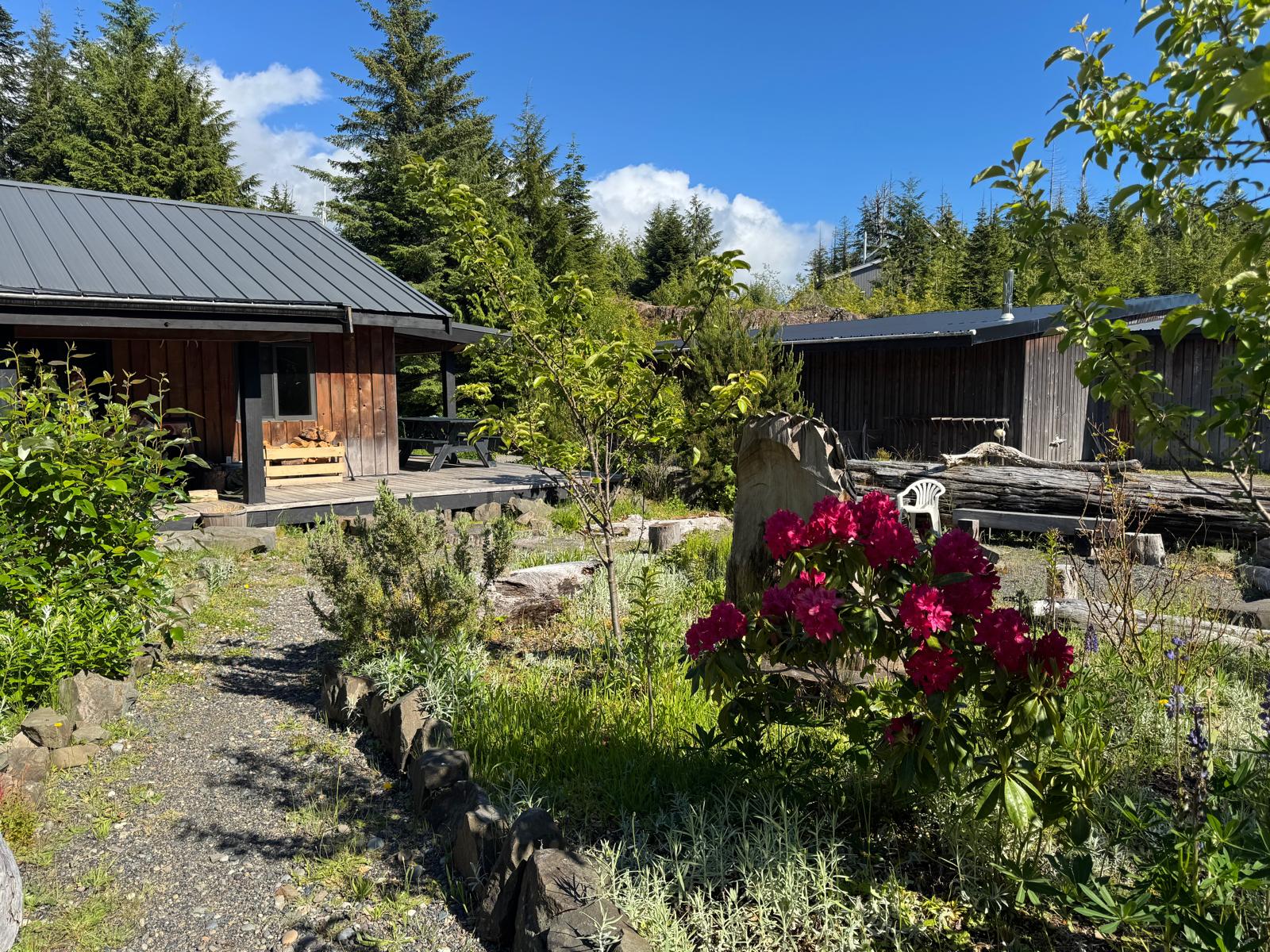 Gardens and timber buildings on the station grounds